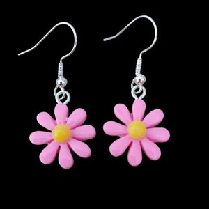Pink Retro Flower Earrings with Yellow Center